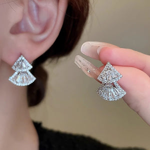 Silver Tone Double Fan Geometric Stud Earrings with Clear Stone Accents