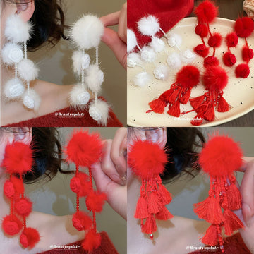 Red Pom Pom and Tassel Statement Earrings in Three Styles