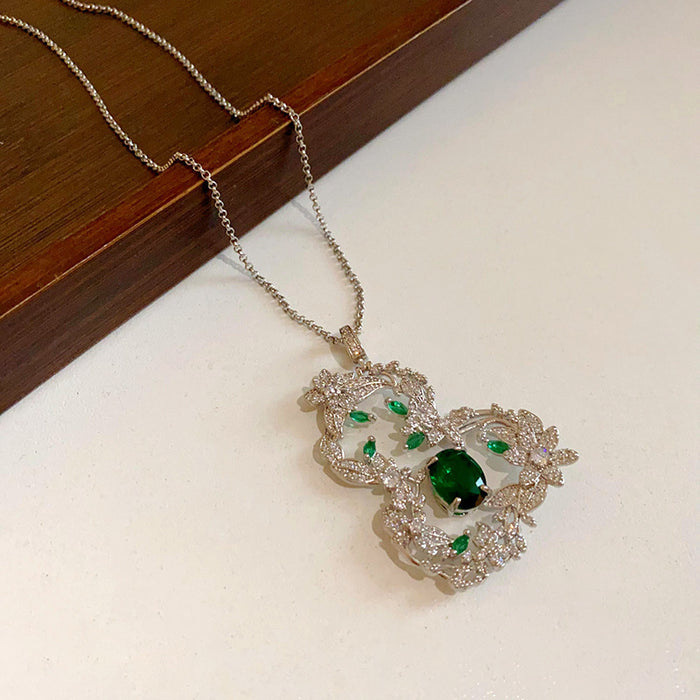 Silver Gourd Pendant Necklace Green Center Crystal Halo