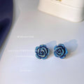 Deep Blue Glitter Sculpted Rose Flower Stud Earrings For Women view 4