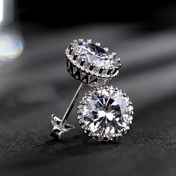 Silver Tone Crown Bezel Round Clear Stone Stud Earrings