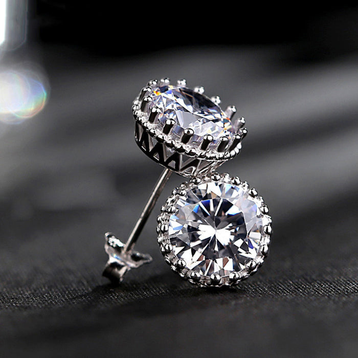 Silver Tone Crown Bezel Round Clear Stone Stud Earrings