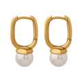 Gold Oval Huggie Hoop Earrings White Glass Pearl Drop view 5