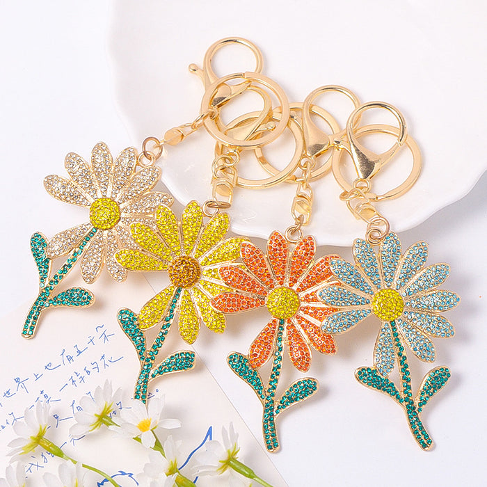 Rhinestone Daisy Flower Keychain Gold Clasp Four Colors