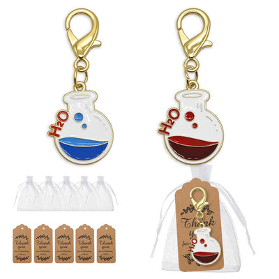 Blue and red H2O flask charms with organza bags and kraft tags