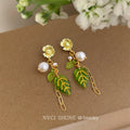 Gold Flower Pearl Green Leaf Tassel Drop Earrings With Chain view 3