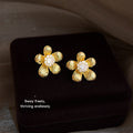 Gold Textured Flower Stud Earrings Clear Crystal Center view 3