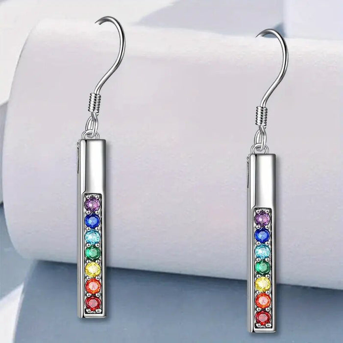 Silver Bar Drop Earrings with Rainbow Round Stones