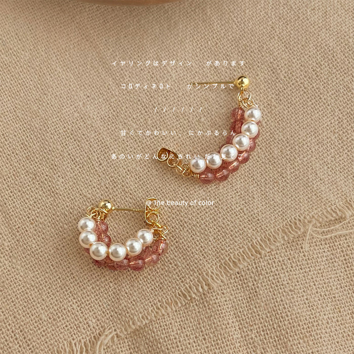 Gold-Tone Strawberry Quartz Pearl Half Hoop Stud Earrings