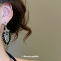 Black Leaf and Clear Crystal Floral Drop Stud Earrings view 4