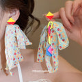 Printed Ribbon and Bead Tassel Stud Earrings Statement Jewelry view 3
