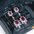 Silver Tone Red Oval Drop Earrings Floral Clear Halo Dangles view 5