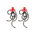 Red Flower And Black Beaded Loop Tassel Statement Earrings view 5