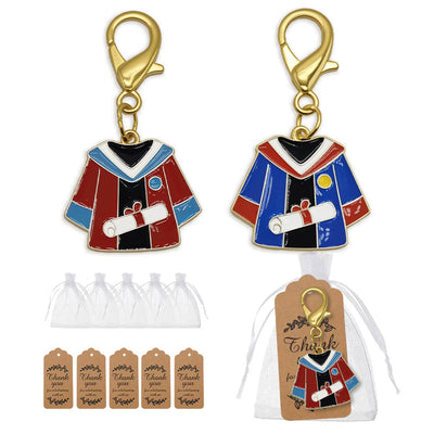 Red and blue graduation gown charms with bags and kraft tags