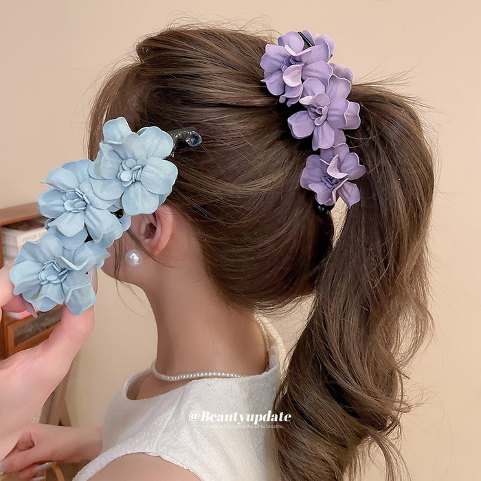 Purple Fabric Flower Cluster Black Banana Twist Hair Clip