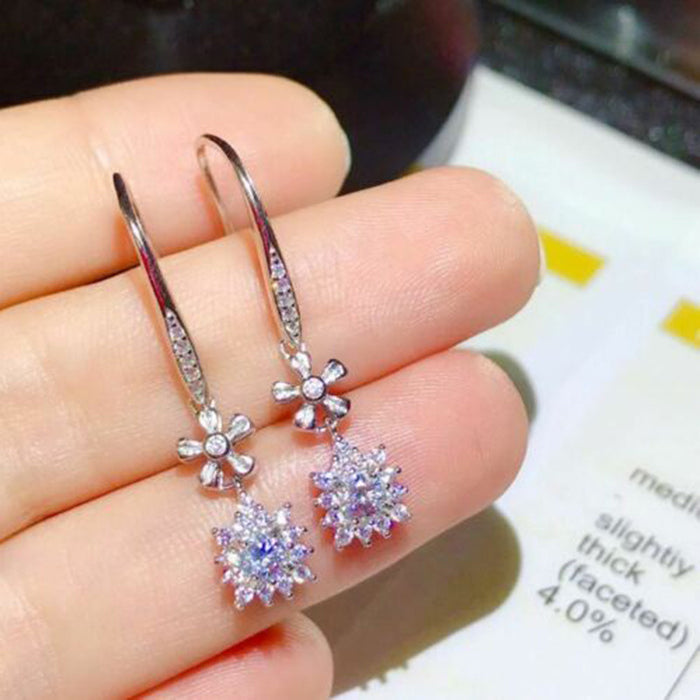 Silver Tone Flower Drop Earrings With Clear Stones