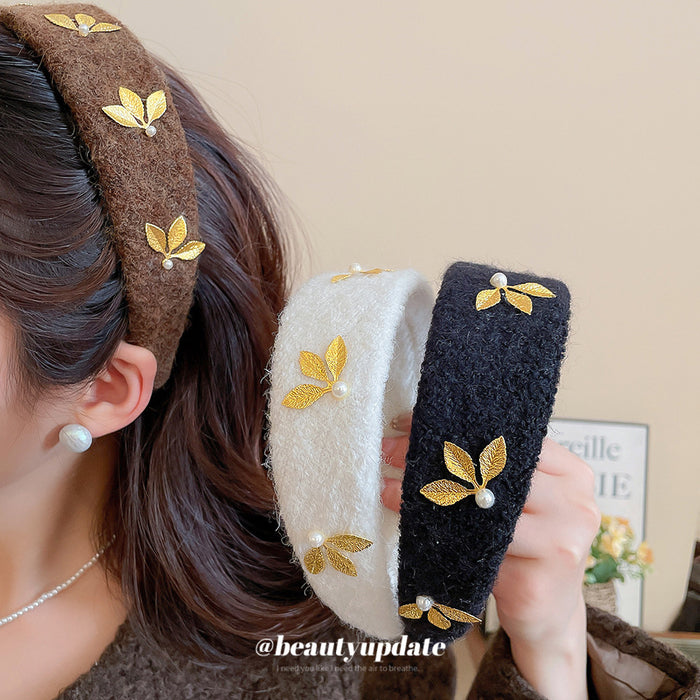Furry Leaf Pearl Headband Coffee and White Wool Band