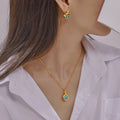 Gold Copper Cushion Zircon Stud Earrings Pendant Necklace Set view 3