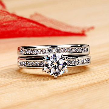Round Solitaire Three-Band Ring Set In Polished Silver Tone