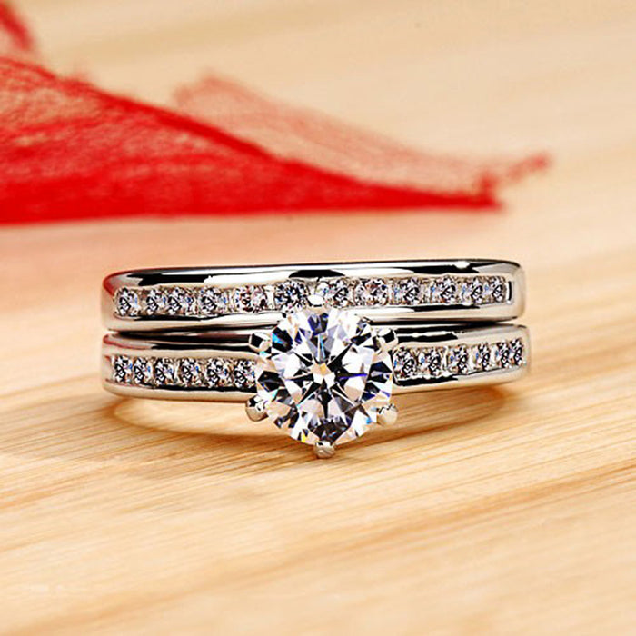 Round Solitaire Three-Band Ring Set In Polished Silver Tone