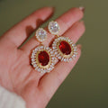 Red Oval Halo Two-Tier Long Drop Earrings In Gold Tone view 2