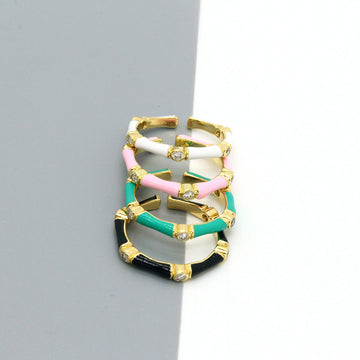 Gold Tone Enamel Crystal Bamboo Segment Adjustable Rings in Four Colors