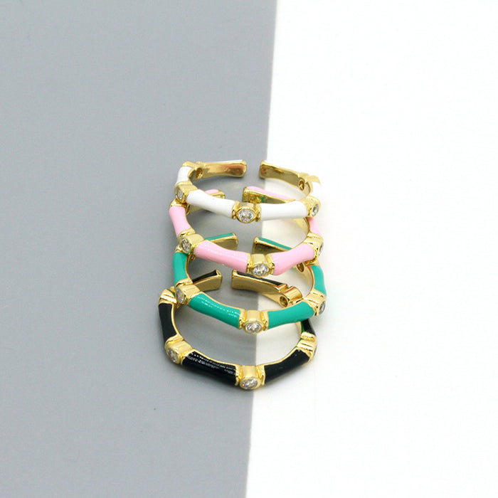 Gold Tone Enamel Crystal Bamboo Segment Adjustable Rings in Four Colors