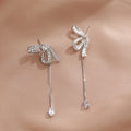 Silver Bow Clear Look Teardrop Long Chain Stud Earrings view 4