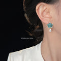 Teal Enamel Camellia Earrings with Pearl Edge and Zircon Drop view 2