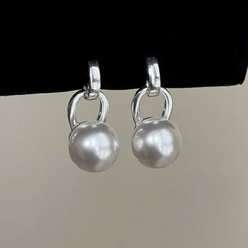Large White Faux Pearl Drop Clip On Silver Tone Hoop Earrings