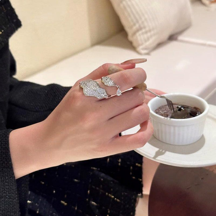 Silver Pave Crystal Leaf Open Rings Teardrop Dangle Pair