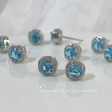 Silver Tone Aqua Blue Square Stone Clear Halo Stud Earrings