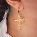Textured Cross Drop Crystal Hoop Earrings in Gold Tone view 4