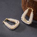 Pearl Border Square Hoop Earrings in Gold Tone Polished Metal Earrings view 3