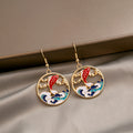 Gold Tone Koi Fish and Blue Wave Round Hook Earrings view 2