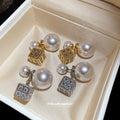 Pearl and Crystal Square Reversible Stud Earrings with Polished Details view 2