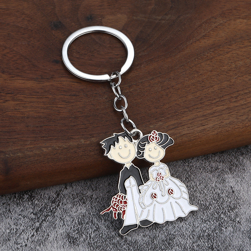 Bride and Groom Enamel Keychain, Cute Couple Metal Bag Charm