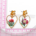 Gold Tone Heart Outline Pressed Flower Resin Drop Earrings view 5