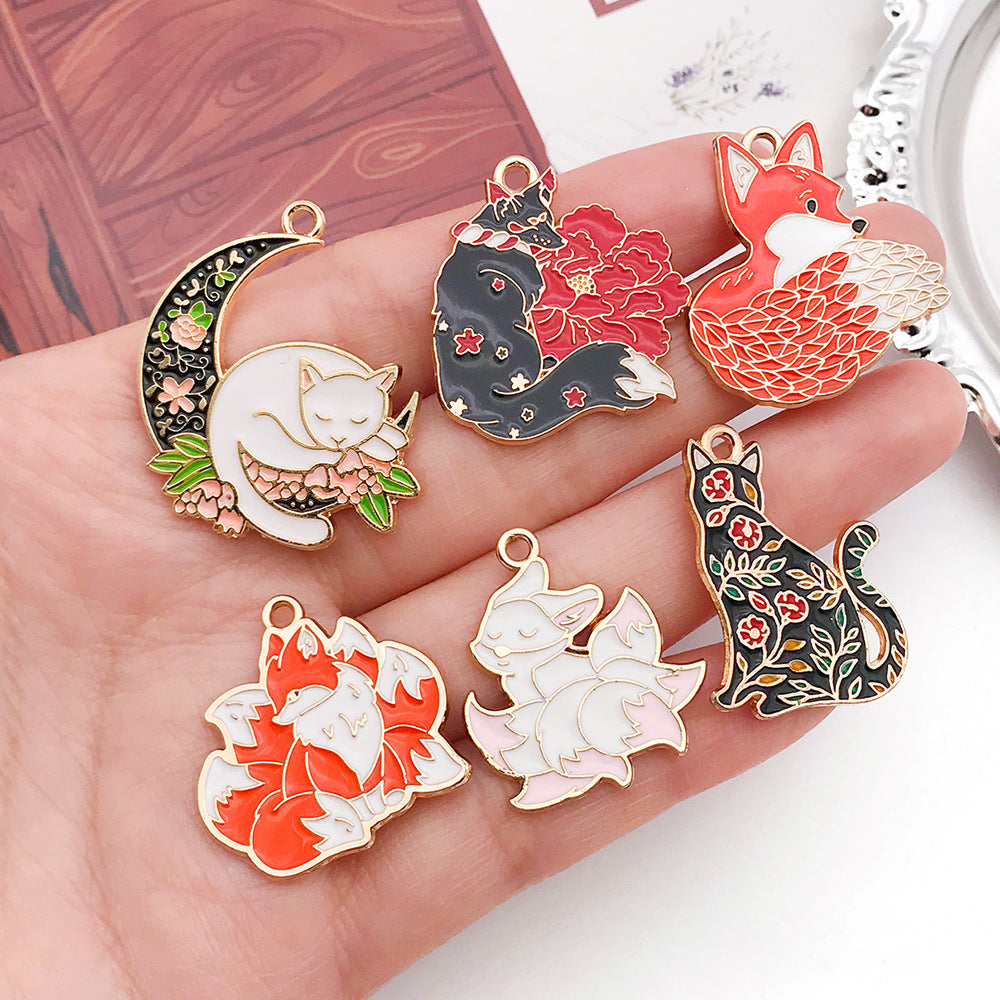 Zinc Alloy Rose Flower Cat Fox Charm Pendant for DIY Keychain Bracelet Earrings