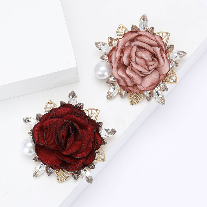 Fabric Rose Brooch Pearl Clear Stones Red and Pink