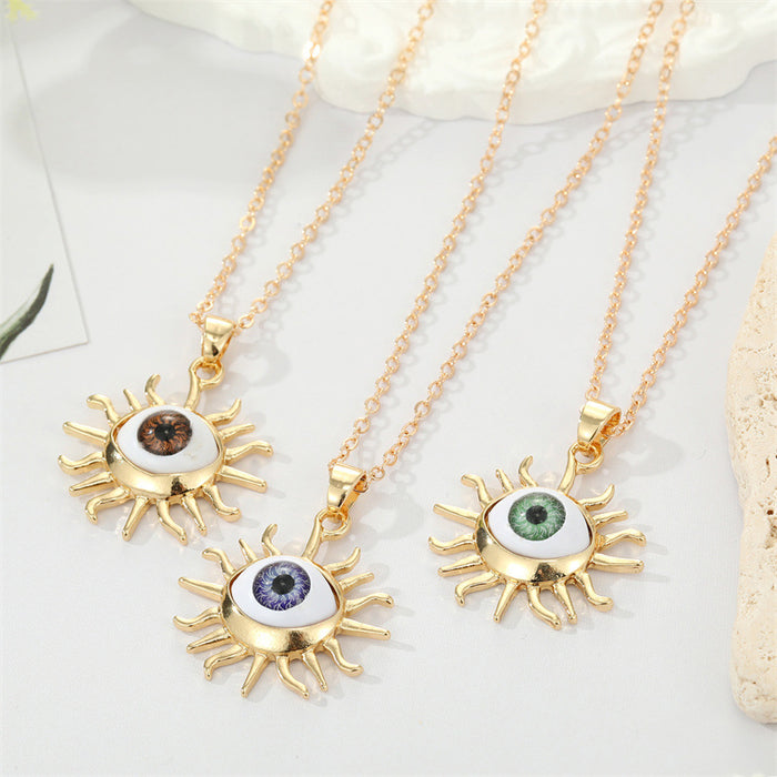 Gold Tone Sculpted Sun Realistic Eyeball Pendant Necklaces