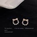White Enamel Bow Pearl Circle Stud Earrings Gold Tone view 3