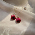 Preserved Rose and Pearl Long Drop Earrings in Two Colors view 6