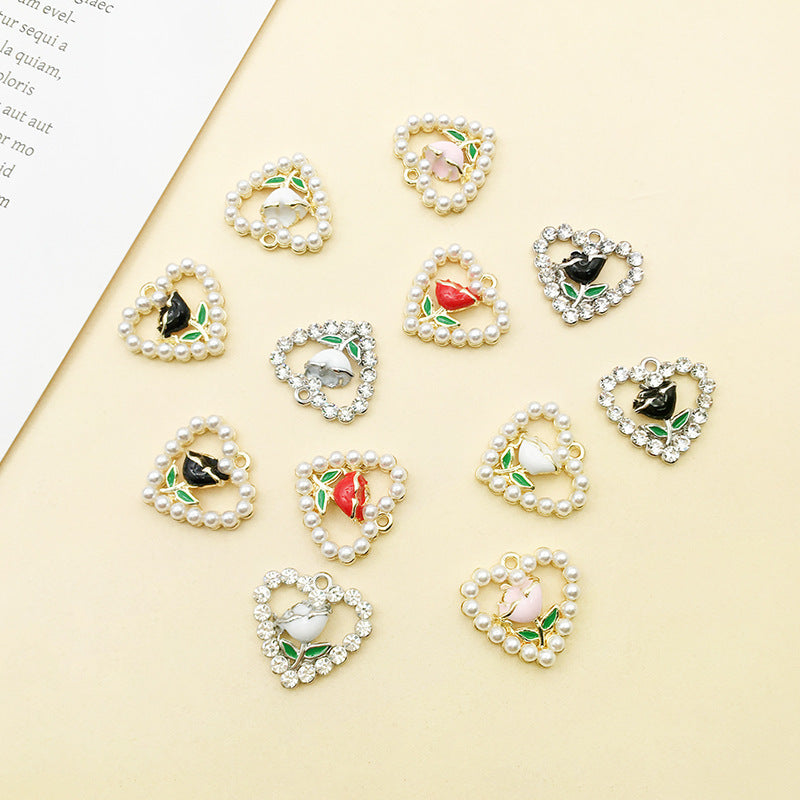 Zinc Alloy Pearl Heart Rose Charm Pendant for DIY Keychain Necklace Earrings