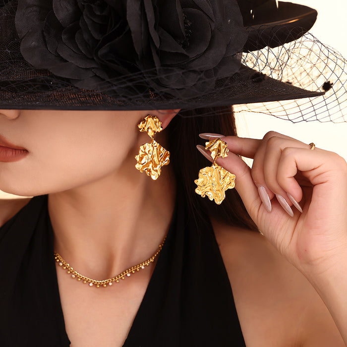 Crumpled Leaf Drop Earrings Gold Or Steel Stainless Pair