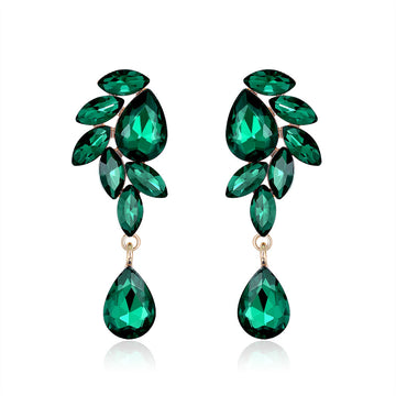 Green Crystal Leaf Drop Earrings with Faceted Teardrop Stones