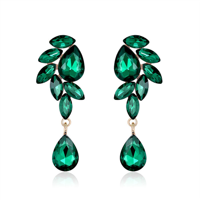Green Black Green Leaf Drop Geometric Crystal Four Designs Metal Dangle Earrings