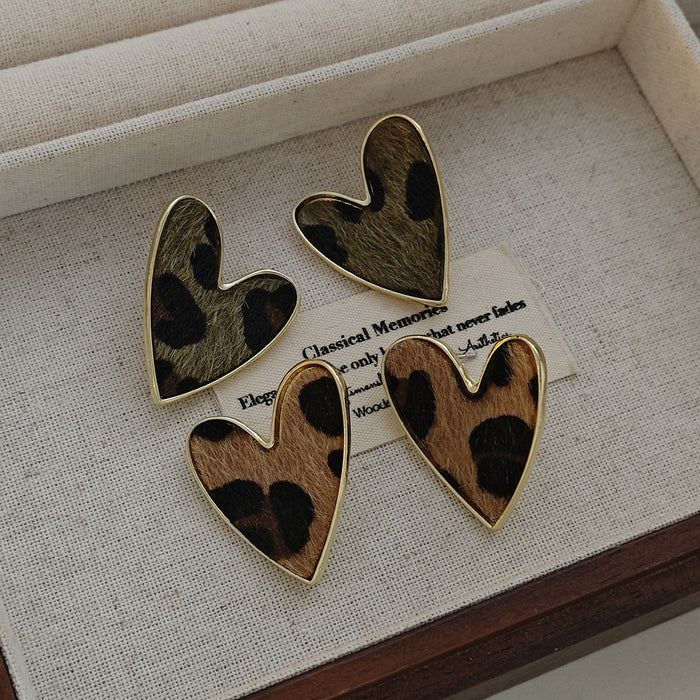 Two Leopard Print Heart Oversized Statement Stud Earrings