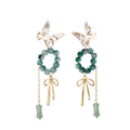 Green Bead Butterfly and Bow Long Chain Dangle Stud Earrings view 5