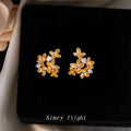 Gold Tone Osmanthus Flower Cluster Clear Stone Stud Earrings view 4